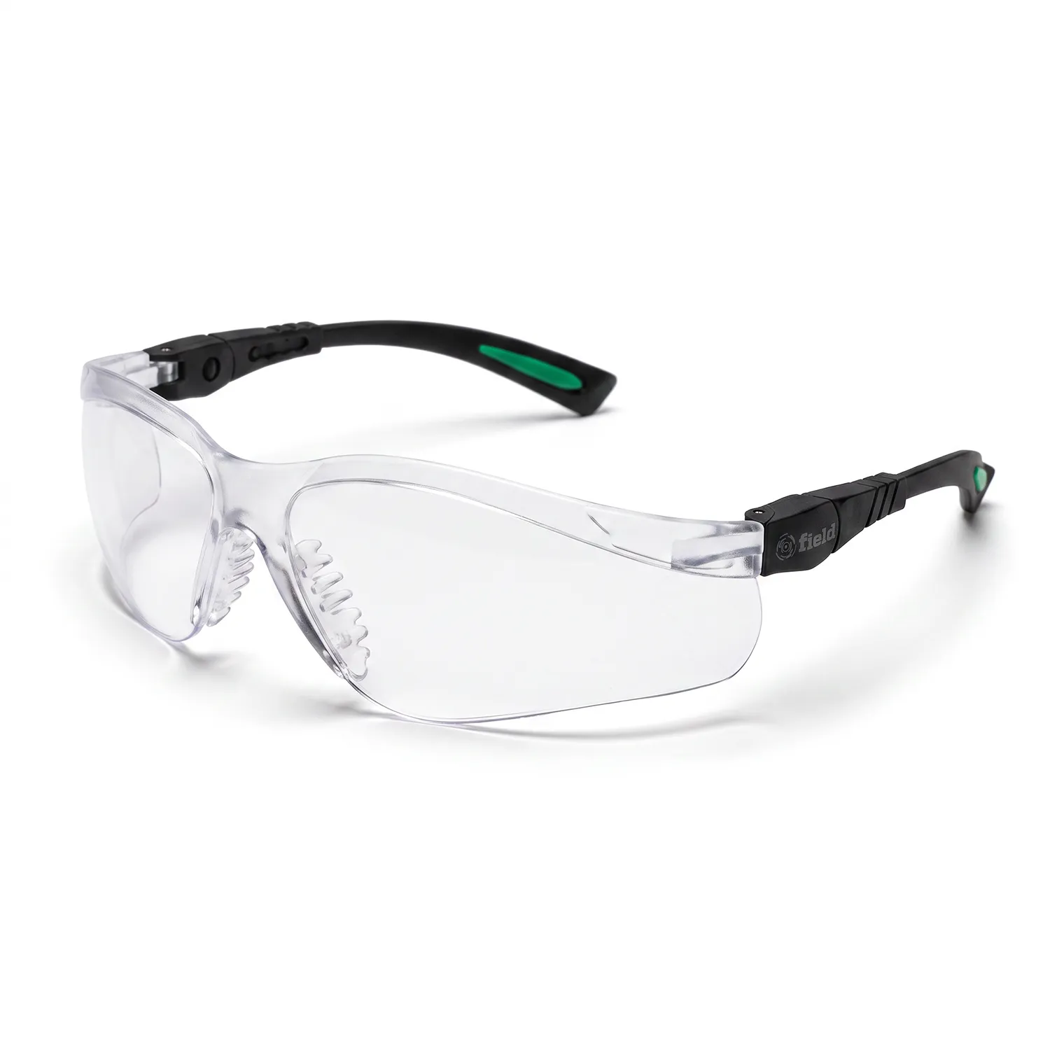Fotografia de produto de óculos de proteção FIELD com lentes transparentes e hastes pretas.