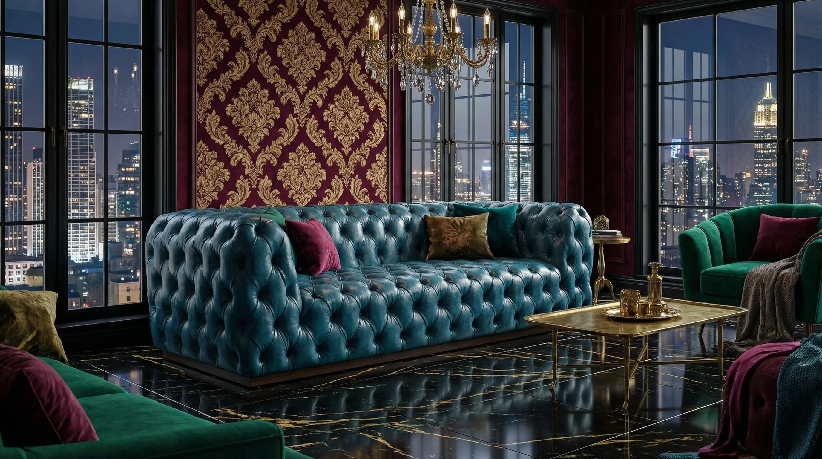Fotografia de produto de sofá chesterfield turquesa da SOFLI numa sala de estar sofisticada com vista para Nova Iorque.