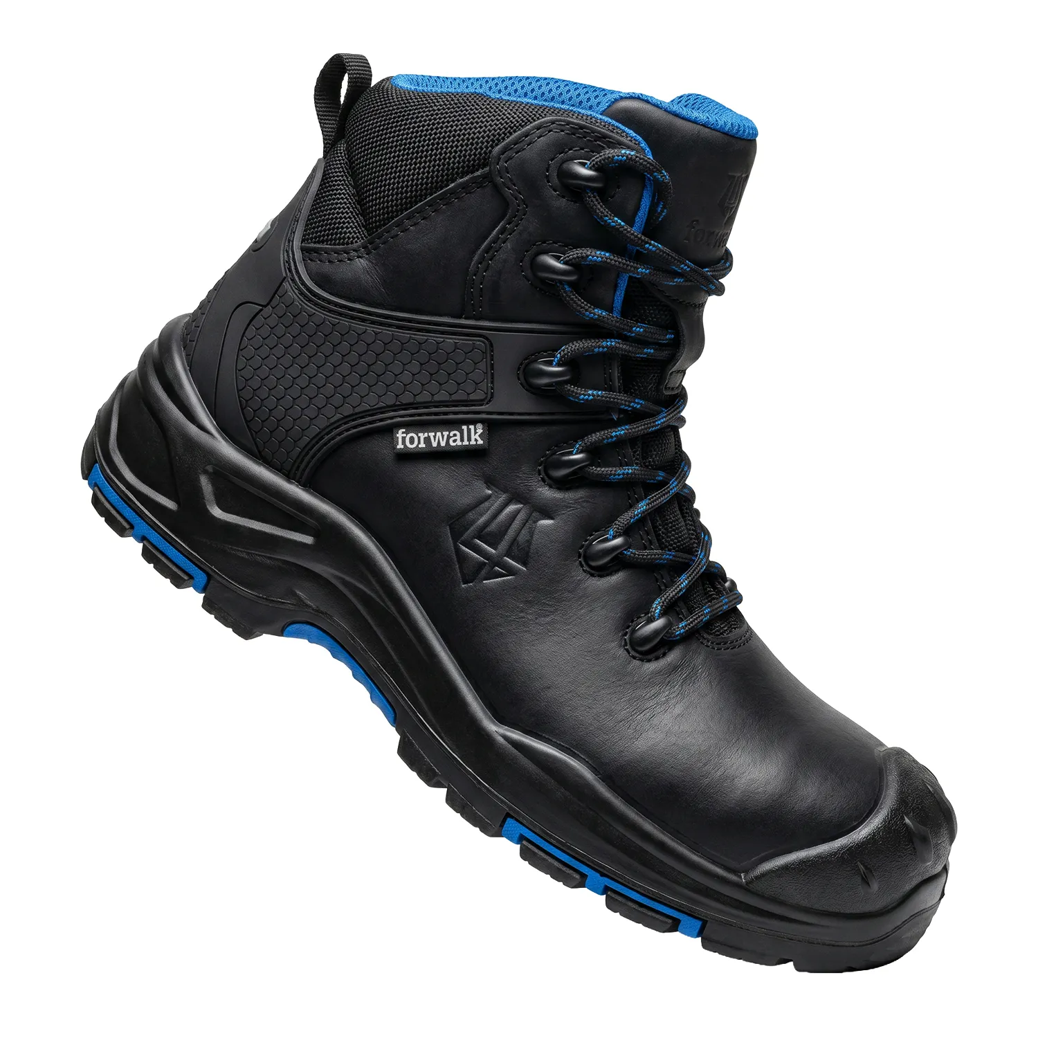 Fotografia de produto de bota de segurança FOR WALK em preto com detalhes azuis e biqueira reforçada.