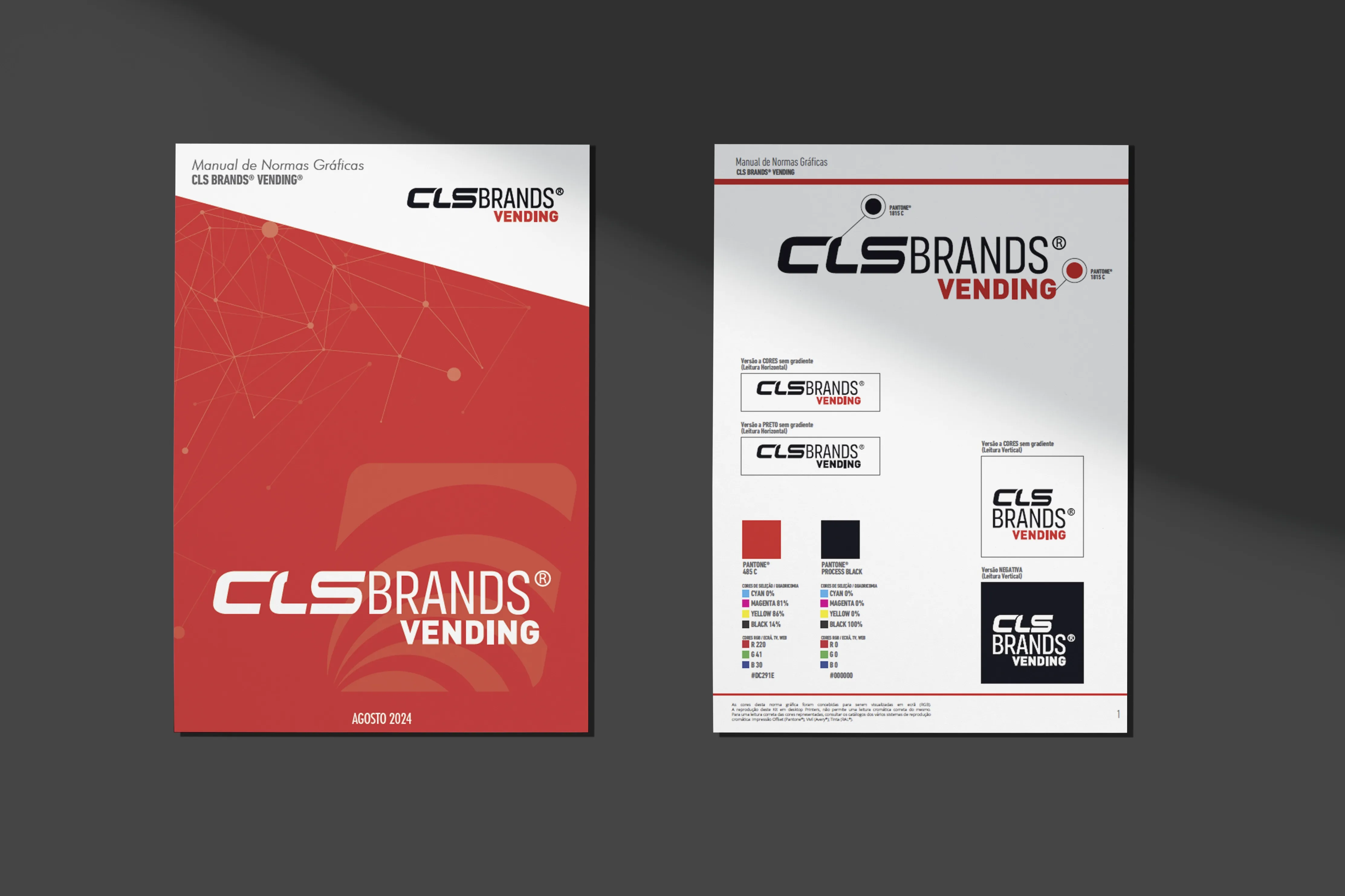 Página do manual de normas gráficas CLS Brands Vending com cores do logótipo e códigos Pantone.