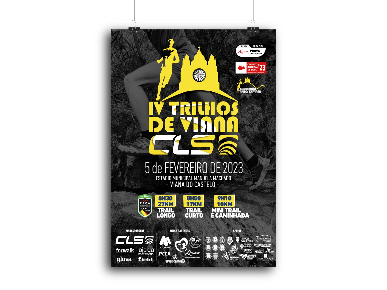 Capa do design gráfico dos Trilhos de Viana, cartaz, camisola e pórticos de meta do evento.
