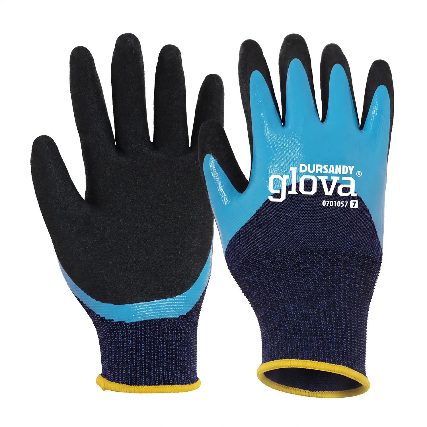 Fotografia de produto de luvas impermeáveis GLOVA Dursandy em azul e preto para trabalho industrial.
