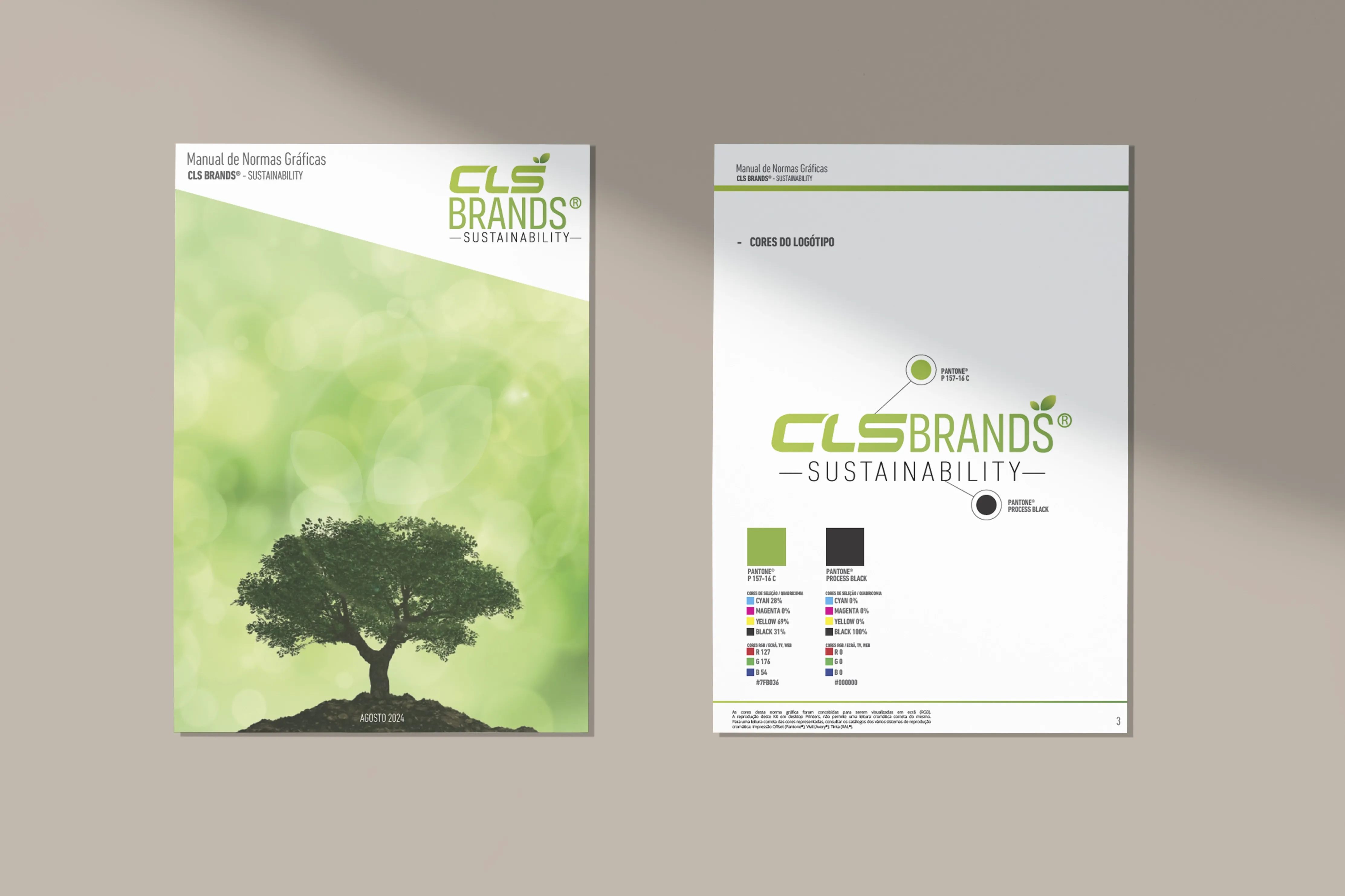 Capas do manual de normas das submarcas CLS Brands Vending e Sustainability, com paletas de cor distintas.