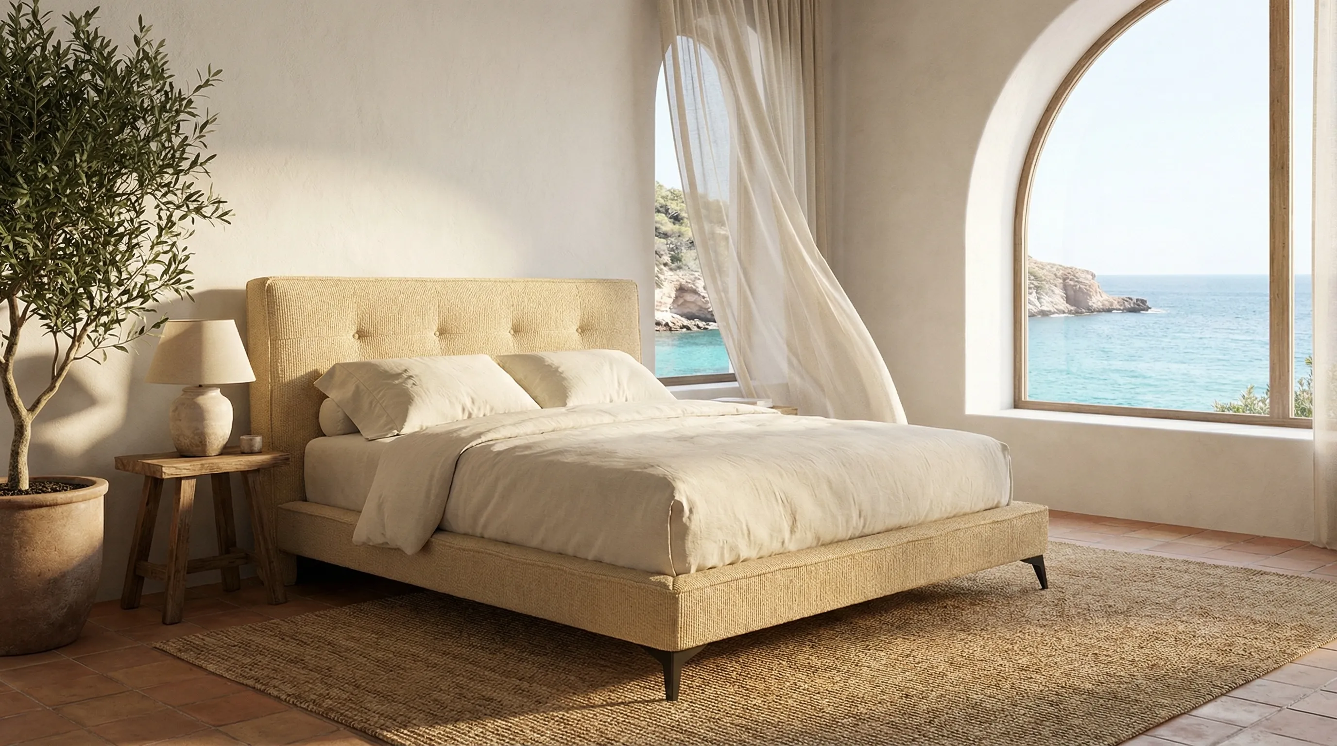 Cama estofada SOFLI em tecido bege num quarto mediterrânico com vista para o mar.