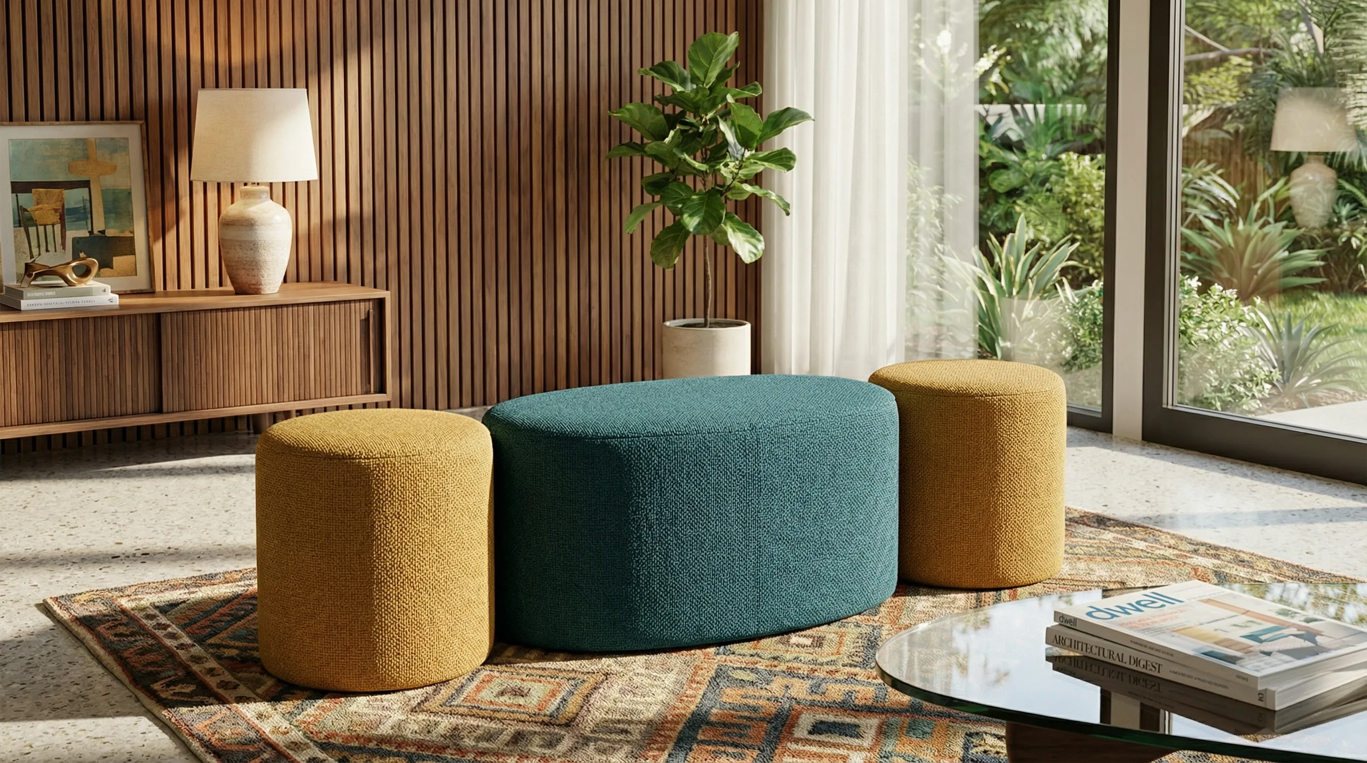 Conjunto de pufes SOFLI em tons mostarda e verde-petróleo numa sala de estar contemporânea.