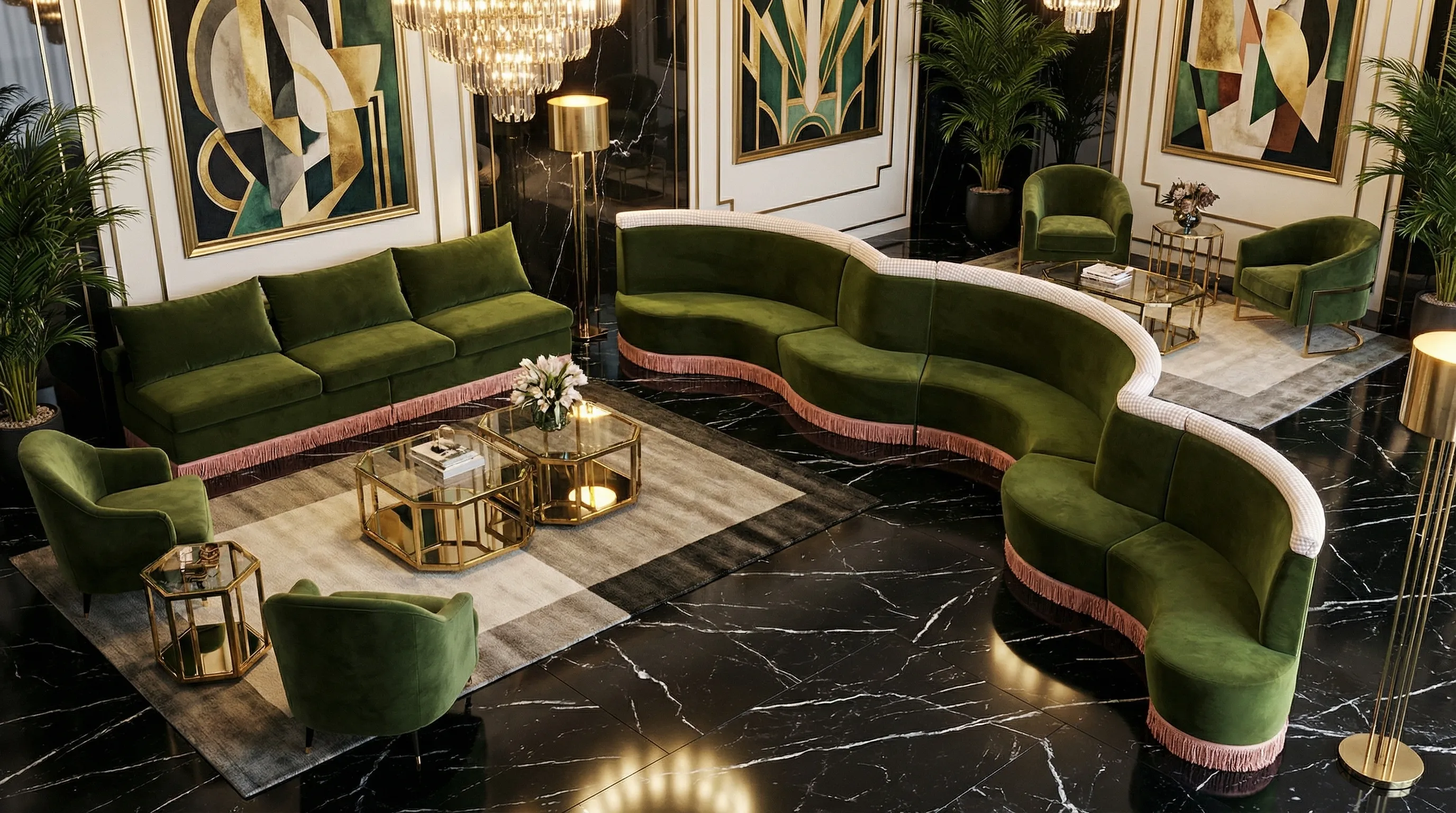 Sofá curvo verde-oliva SOFLI com franja rosa num salão de estilo art déco.